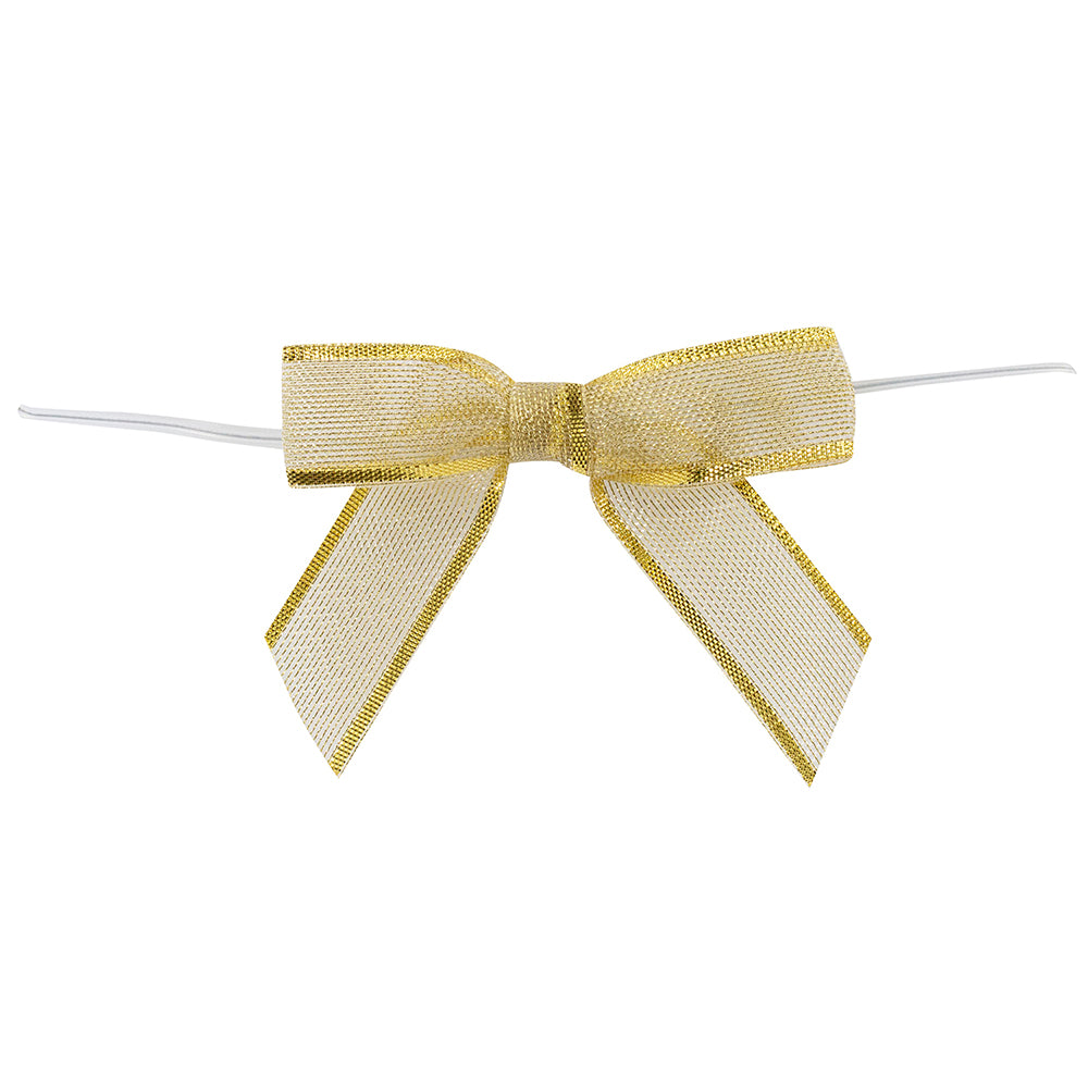 Pack of 100 Gold METALLIC MESH TWIST TIE BOWS - LARGE - 2 LOOPS x 3-1/4in Span - 2 TAILS x 2in x 7/8in RIBBON WIDTH & 5in TWIST TIE