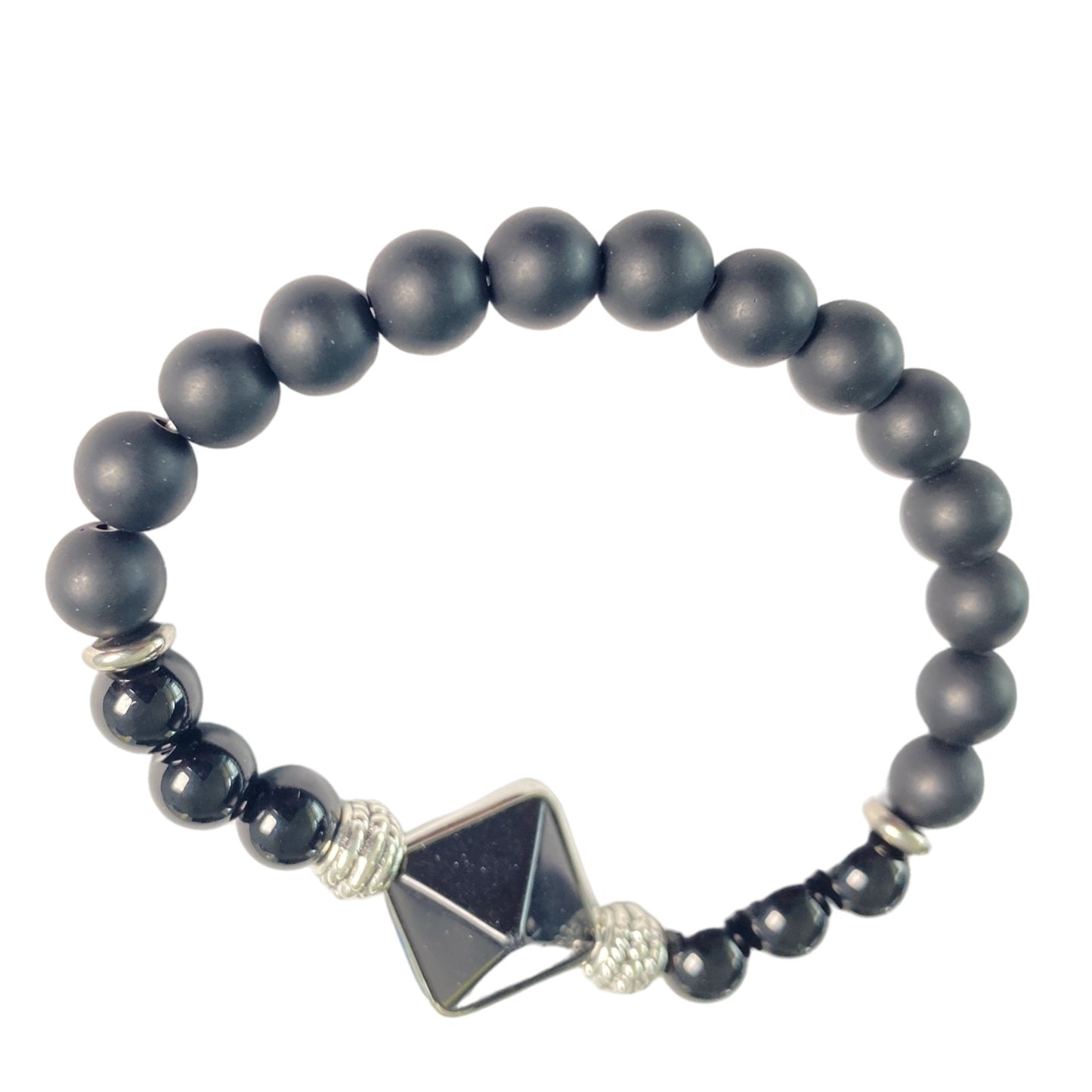 Black Agate & Lava Bead Bracelet with 16mm Black Agate Pyramid Bead – 8mm Lava Beads & Black Agate (Approx. 7 Inches)