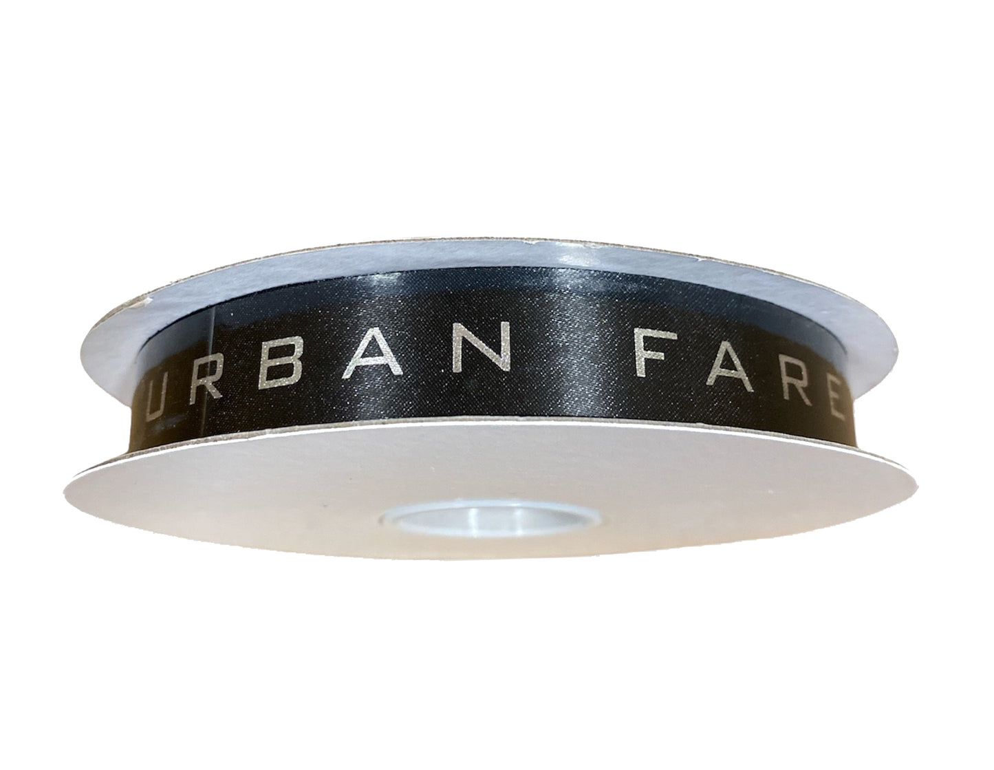 7/8 x 100 YDS Black DYNA SATIN RIBBON With Silver Printing "URBAN FARE" Custom
