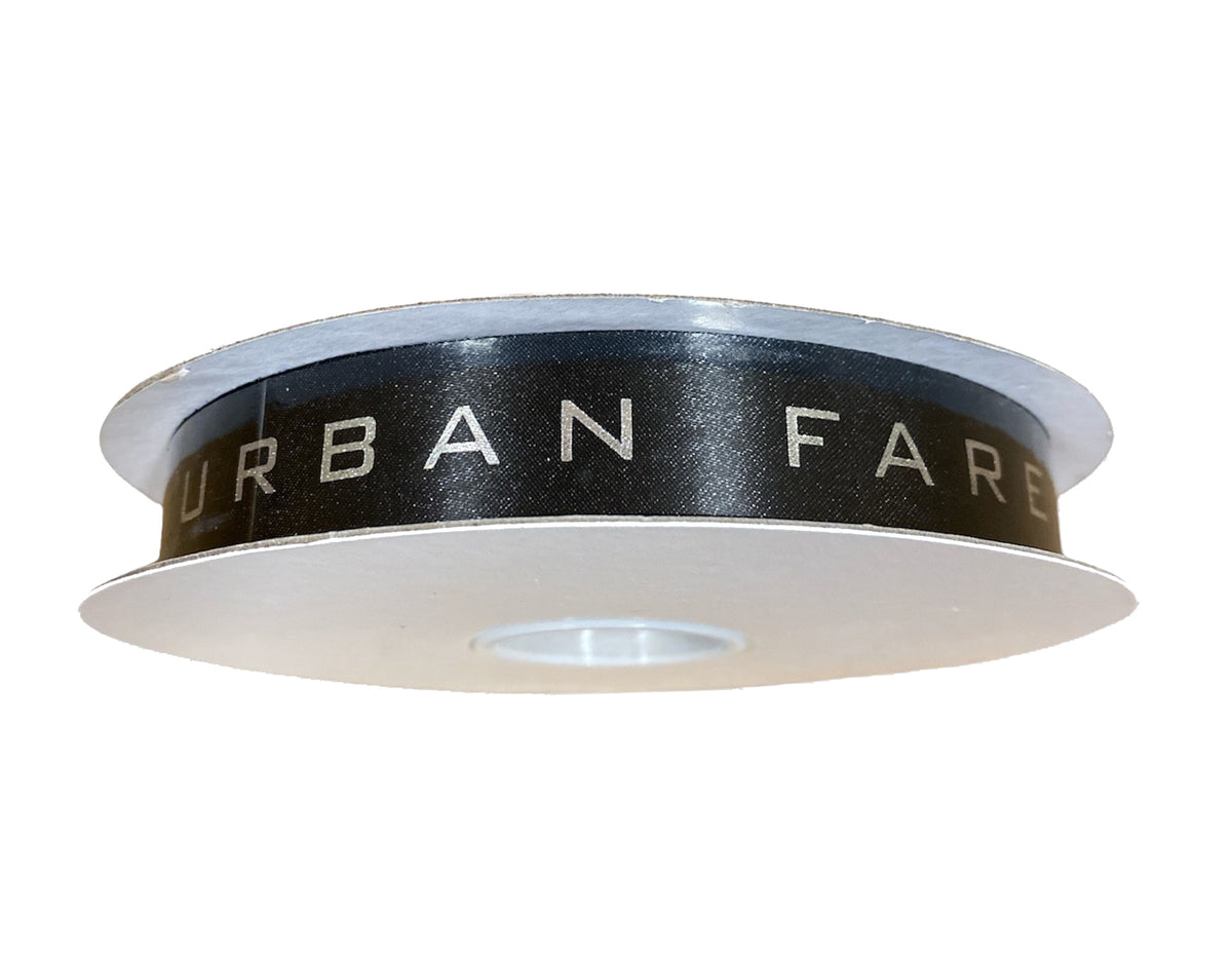 7/8 x 100 YDS Black DYNA SATIN RIBBON With Silver Printing "URBAN FARE" Custom