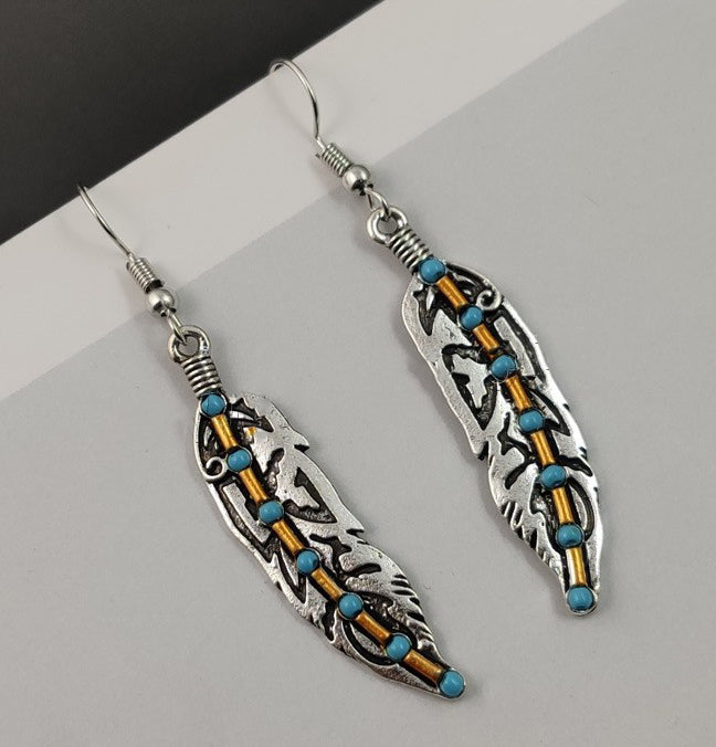 Feather Earrings with Syn. Turquoise Silver Color 64x11mm - Pair - NEW424