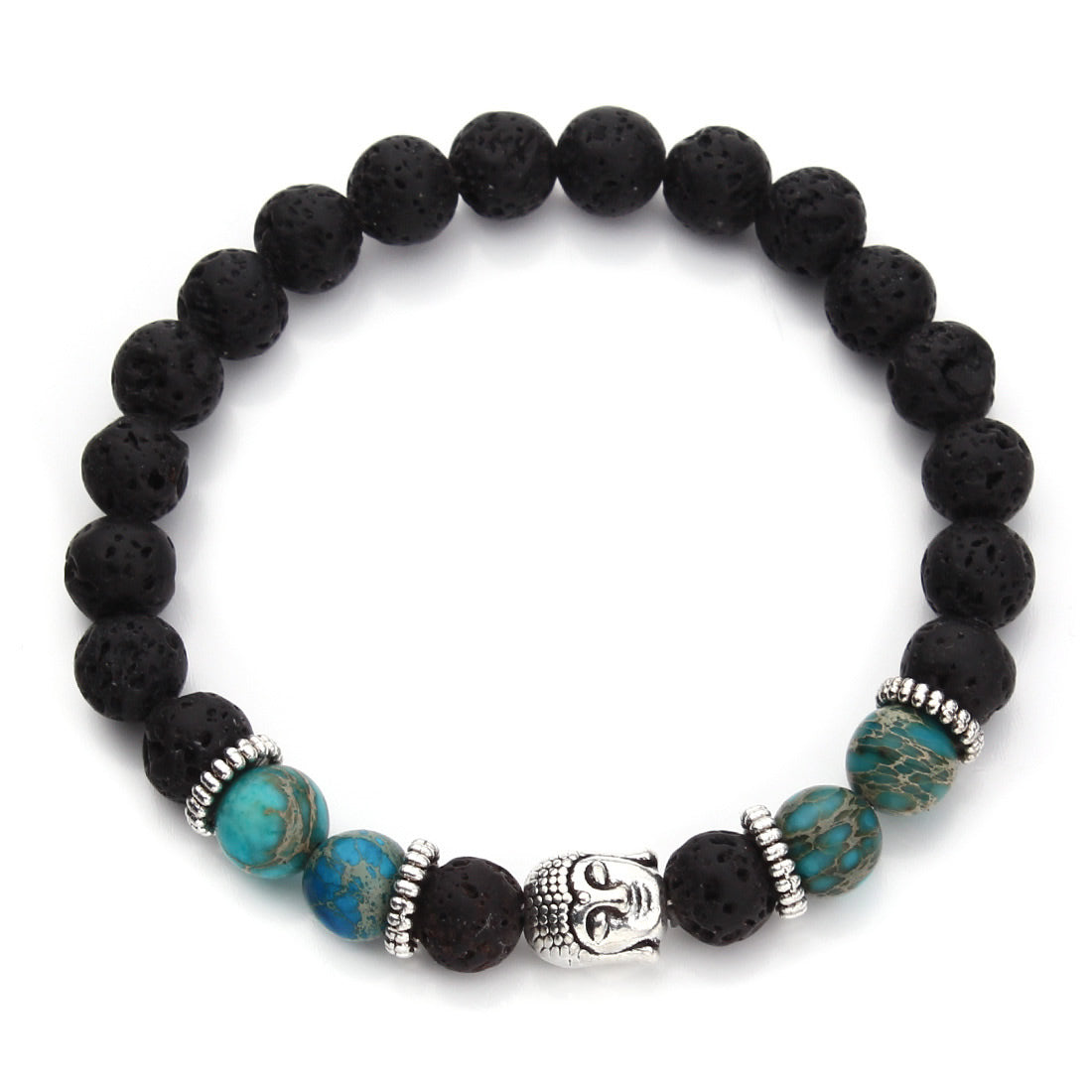 Wrist Mala, Lava with impression Jasper & Zinc Alloy, GREEN Buddha, antique silver color plated, natural & Buddhist jewelry, 157mm Approx. 6inch