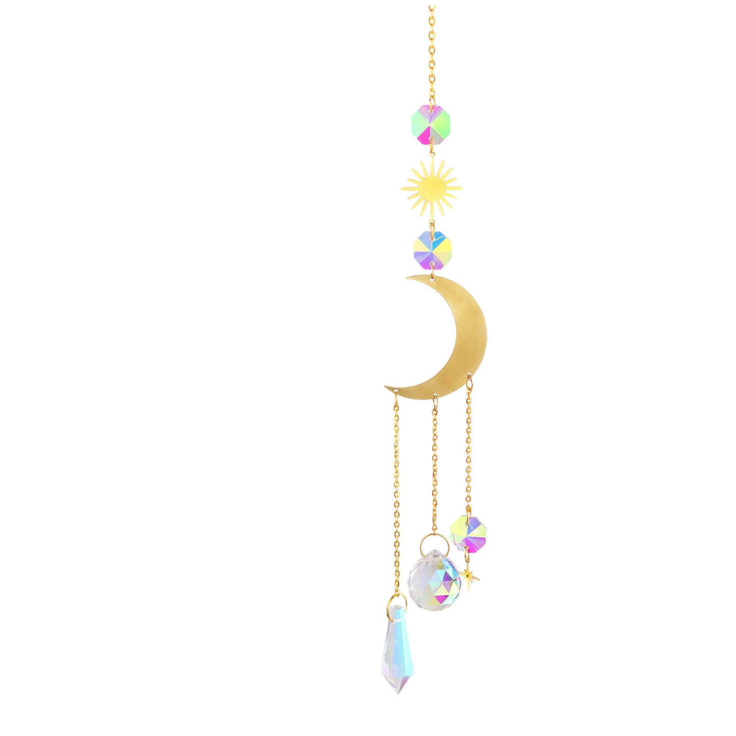 K9 Aura Crystal Hanger Suncatcher Crescent Moon with Stars Sun Brass - Long 45cm - China