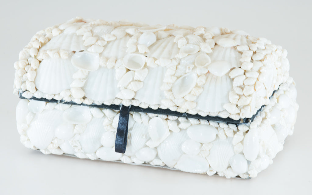WHITE SEASHELL PIRATE CHEST Treasure BOX - 8.5 x 10 inch
