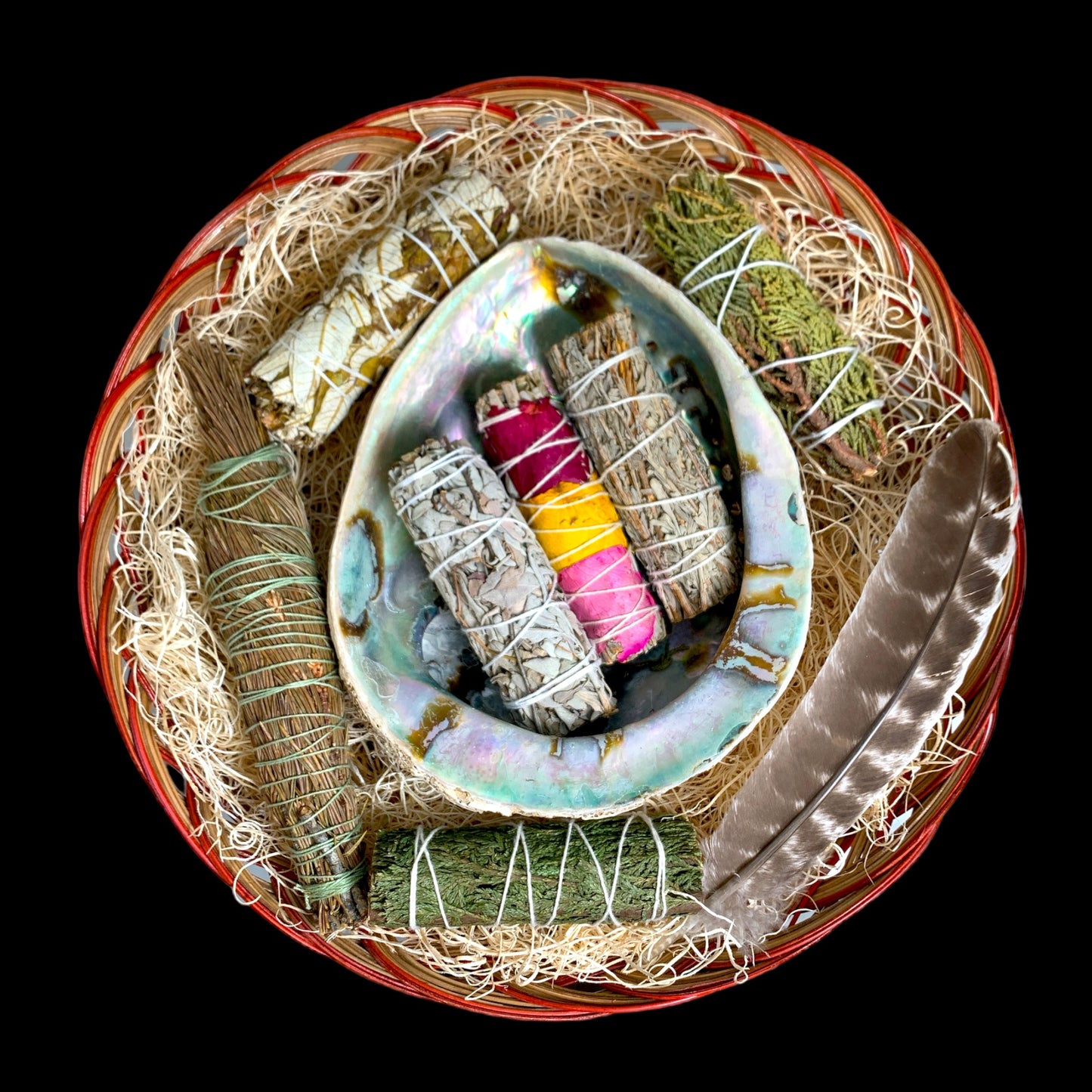 Deluxe Large Smudge Kit in 10 inch Woven Basket with 5.9 inch Natural Rubra Abalone, Feather, and 7 Smudge Samplers - 4 inch - NEW523