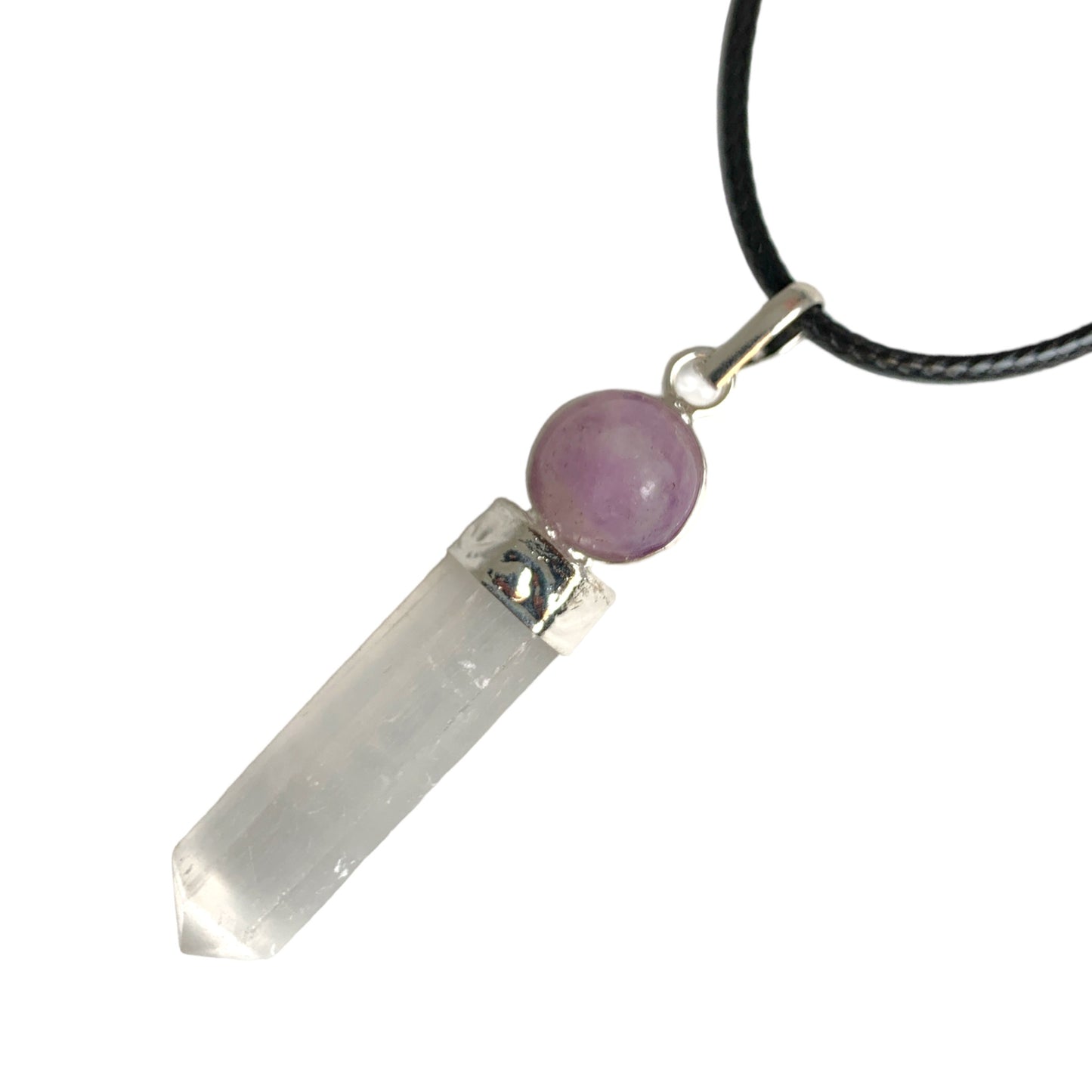 Selenite with Amethyst Cap Pendant With Cord - 30-35mm - India