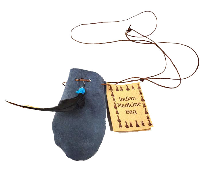 Medicine Dream Bag - Grey - 10 Pack - 3x2 with a 18 inch cord - Soft leather Decorated with a feather and stone