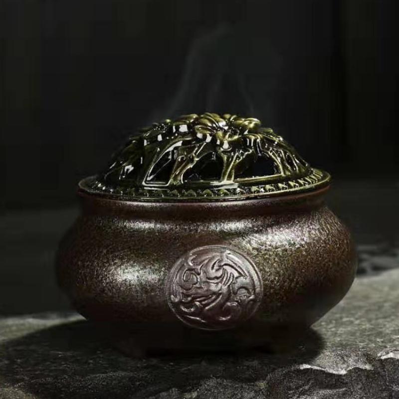 Longteng Xiangyun Crystal Glaze Porcelain Resin Incense Burner with Lid - Brown - 9.5x7cm - China - NEW922