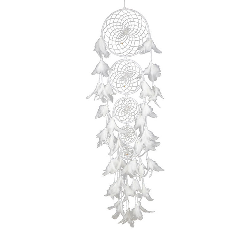 Fashion Dream Catcher - 5 Hoops with Beads and Feathers - Tiger Eye Gemstones - Velveteen Cord - White - 108 cm