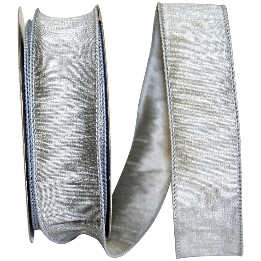 DUPIONI SUPREME WIRED EDGE Ribbon - Silver/Silver Edge - 1.5 inches x 20 yards