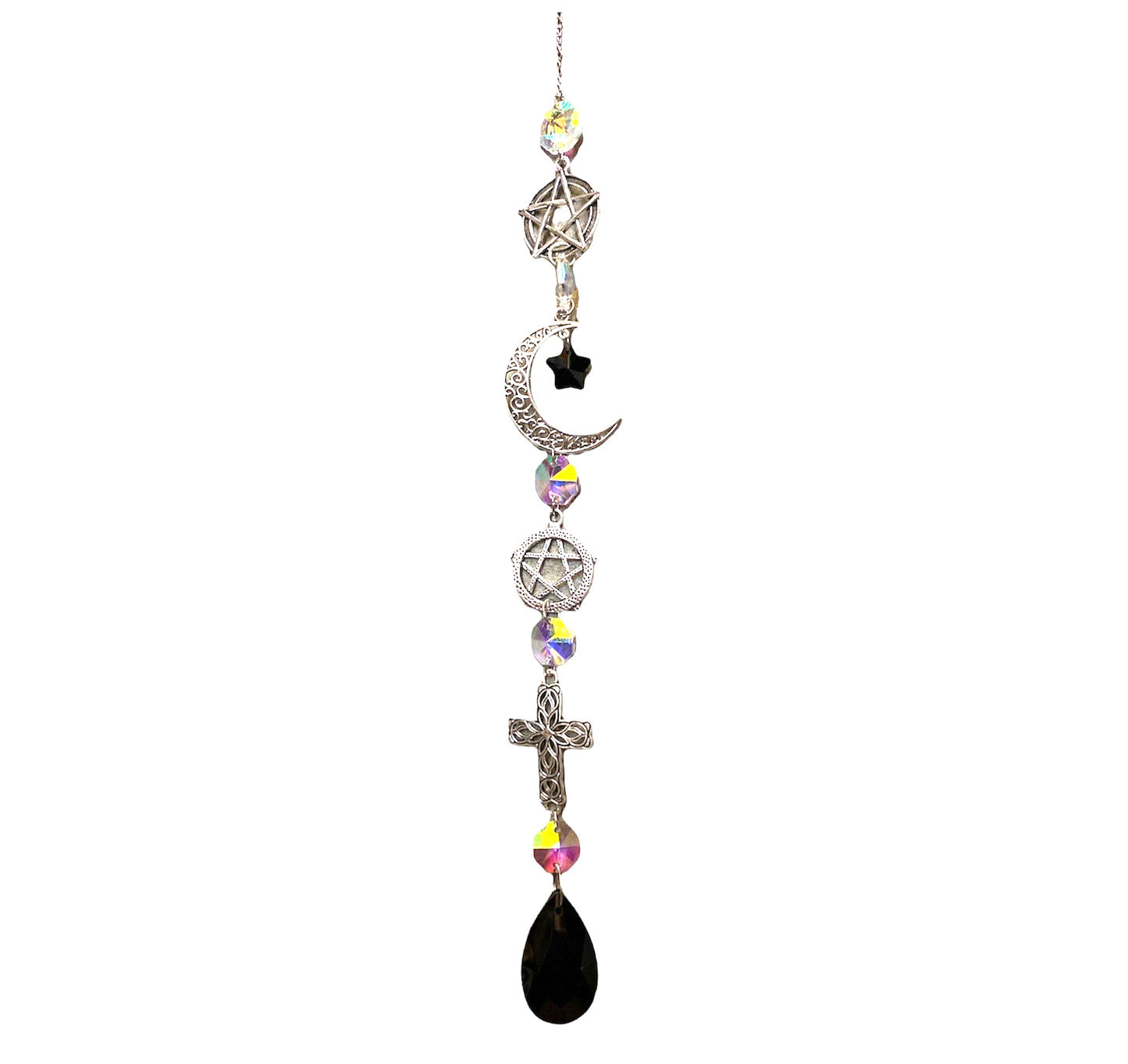 K9 Aura Crystal Hanger Suncatcher Silver Color with Cross Moon Star - Long - 6cm x 40cm - China - NEW911
