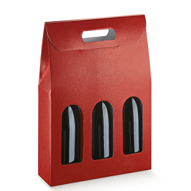 Red Pelle Bordeaux Pebbled Textured 3 Bottle Carriers 10-5/8 x 3.5 x 15 inch (Order in 30's)