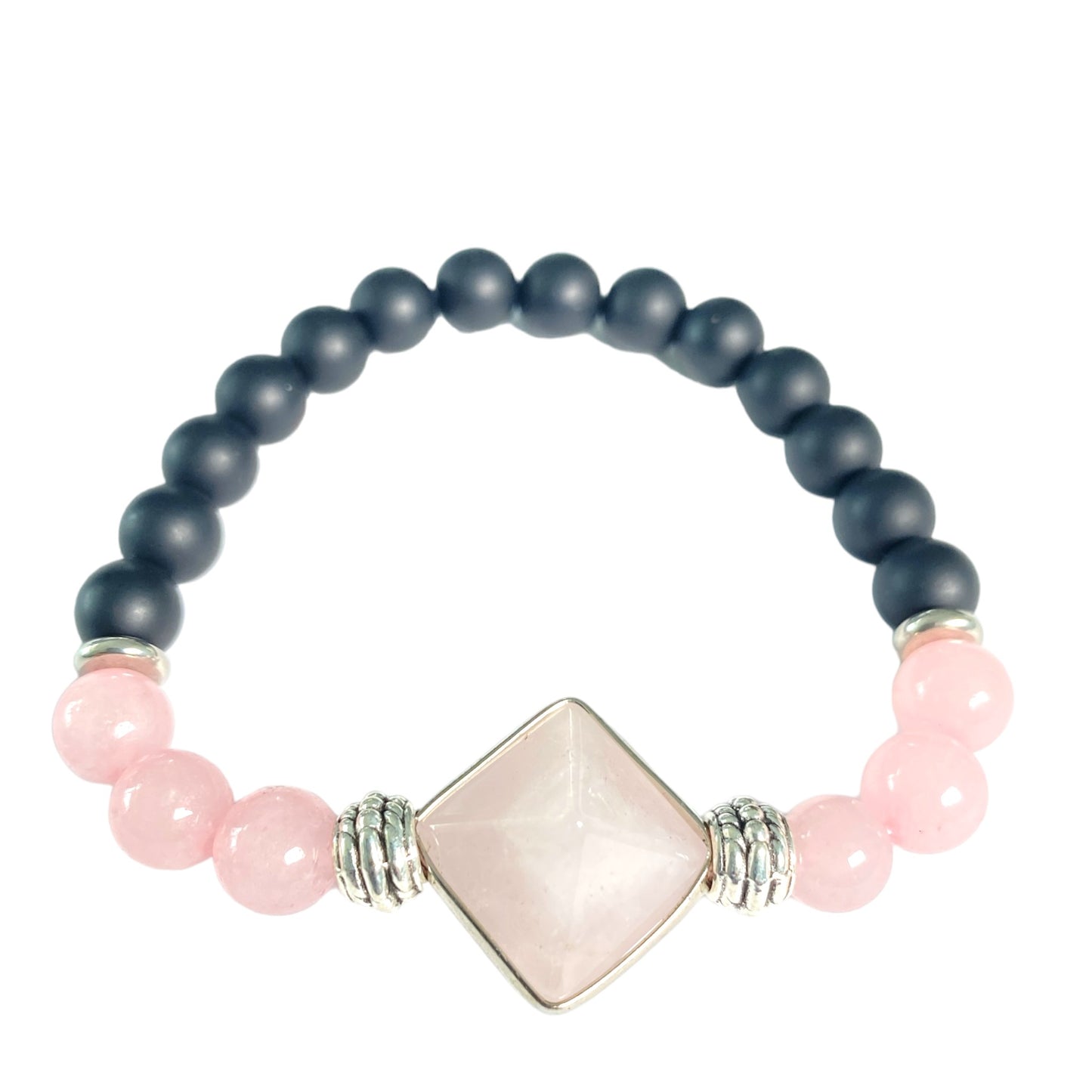 Black Bead Bracelet with 16mm Rose Quartz Pyramid Bead – 8mm Black Agate Beads (Approx. 7 Inches)