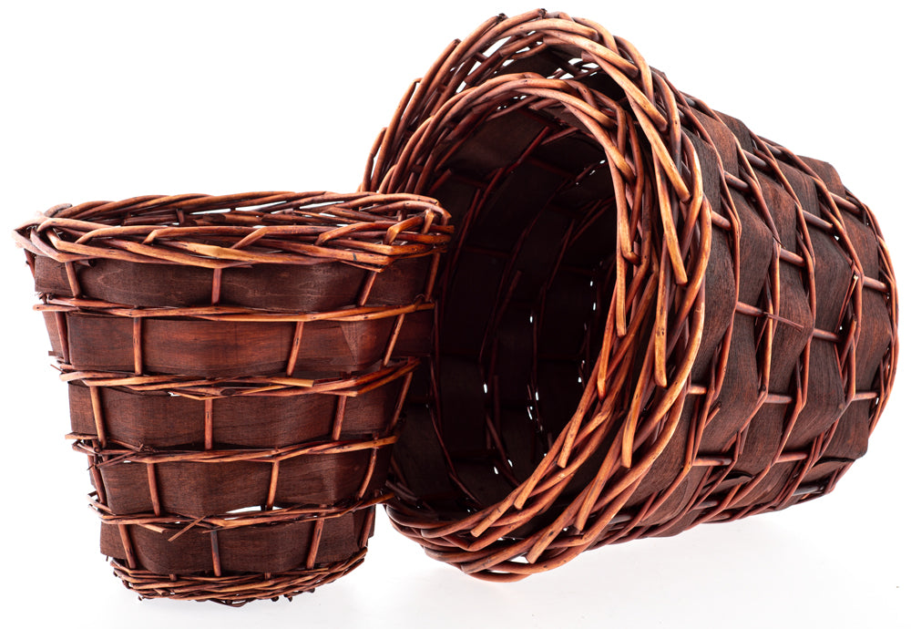 Free with $500 order - 11.5 - 10 & 9 deep inch Set of 3 - Round Wood Chip & Willow Deep Planters Waste Baskets - Brown Stain - 9 - 11 - 13 inch Dia. inside