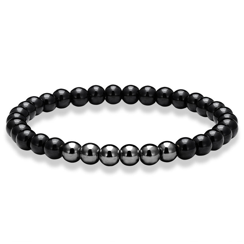 Black Agate Stone Stretch Bracelet with Silver plated Polished Brass - 6mm beads 19cm long - China - NEW125