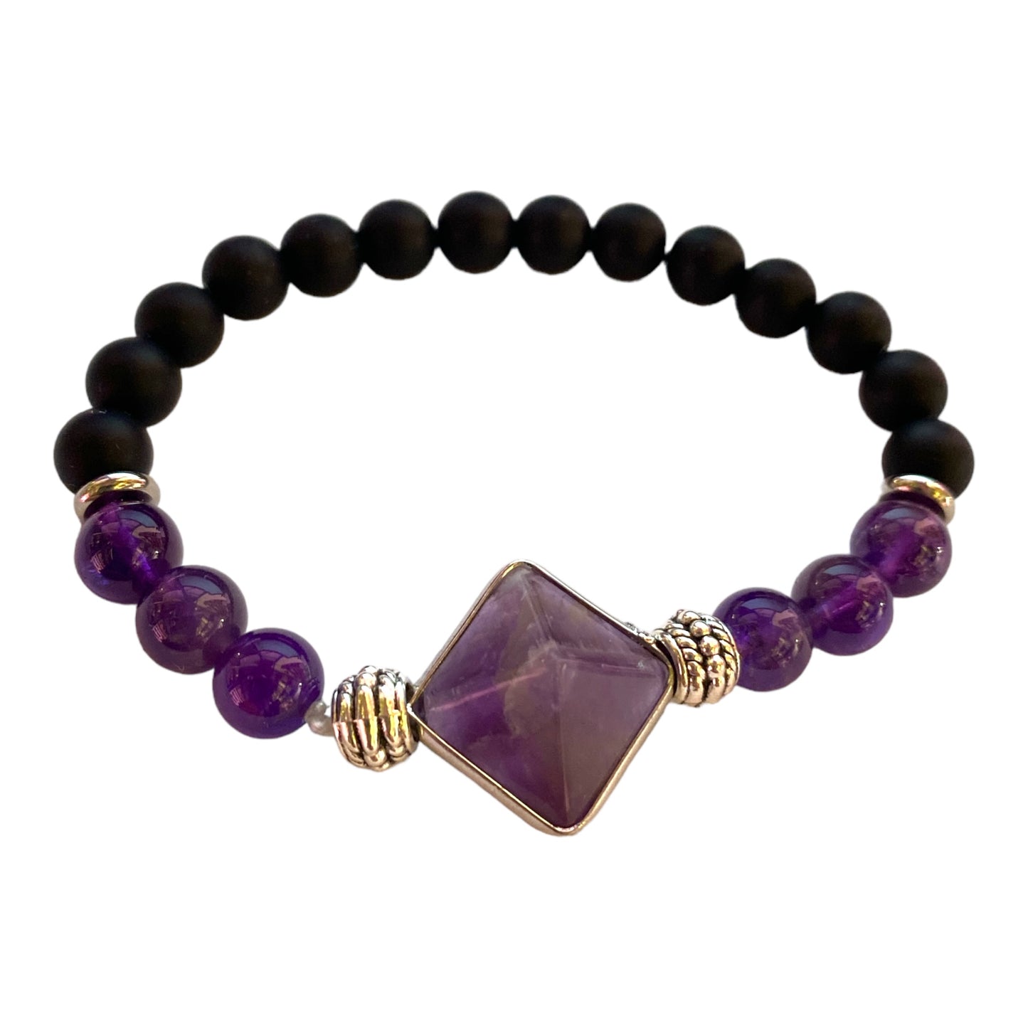 Amethyst Pyramid Bead & Black Agate Bead Bracelet – 16mm Amethyst, 8mm Agate (Approx. 7 Inches)