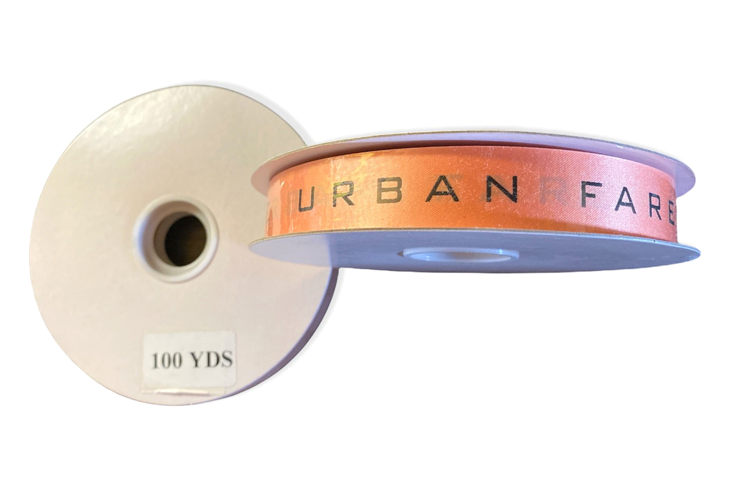 Everyday Satin Value Wired Ribbon - Peach with Black Printing - 1.5 inch 100 YDS - Urban Fare Urban Fare Repeat - Custom