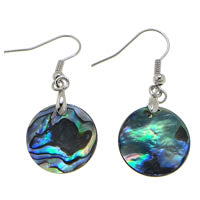 Round Abalone Shell Earrings - 16x16x1.5mm 40mm Long - Brass Hooks Platinum Color Plated