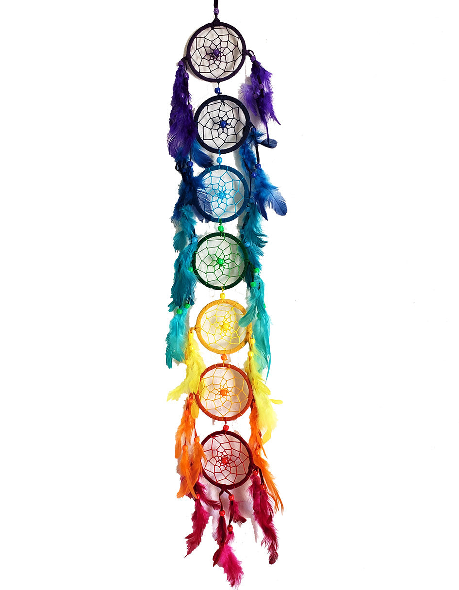 Fashion Dream Catcher - 7 Hoops - Chakra - Rainbow - Cotton Thread - Dyed Feathers - Synthetic Beads - 7.5x78cm - NEW1220