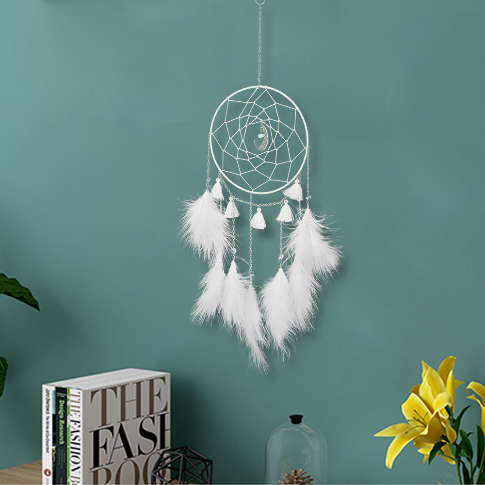 Fashion Dream Catcher Cotton Thread & Feathers Handmade - Moon Charm - White - 15x55cm - NEW1220