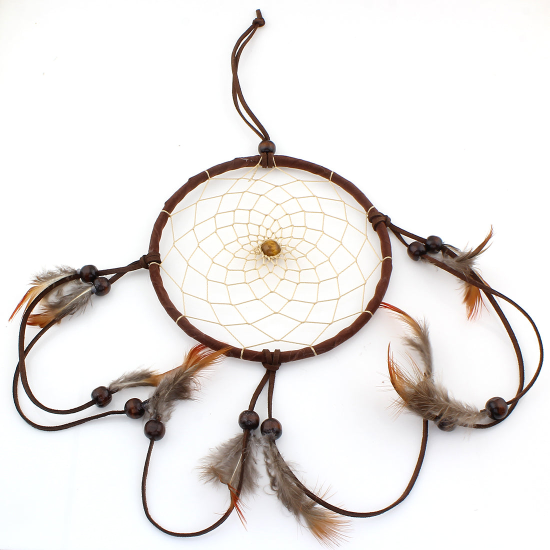 Fashion Dream Catcher with Velveteen Wrapped Metal Hoop - Cotton Cord - Natural Feathers - Wood Beads - Deep Coffee Colour - 45 x 13cm