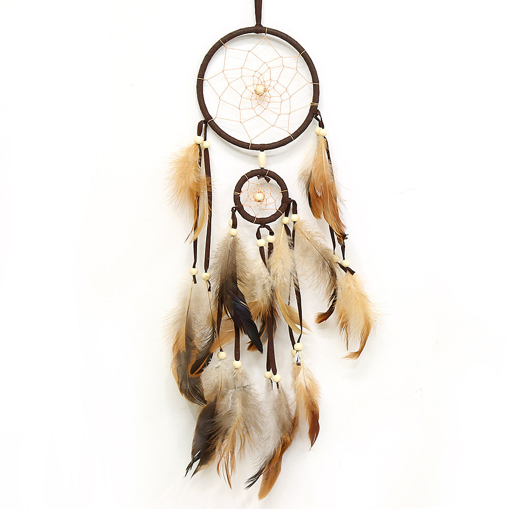 Fashion Dream Catcher - Cotton Thread & Natural Feathers - Velveteen Wrapped Hoop - Coffee - 11x55cm - NEW1220