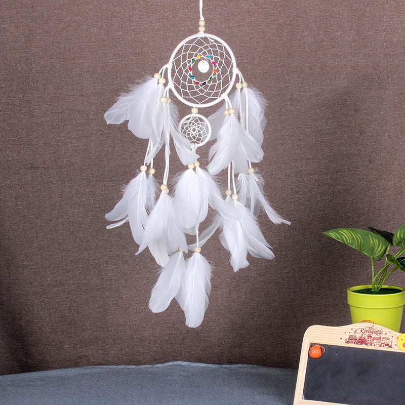 Fashion Dream Catcher with Shell Charm - Double Metal Hoops - Leather Cord - Cotton Thread - Multi-Colour Wood Seed Beads - WHITE - 12 x 56cm