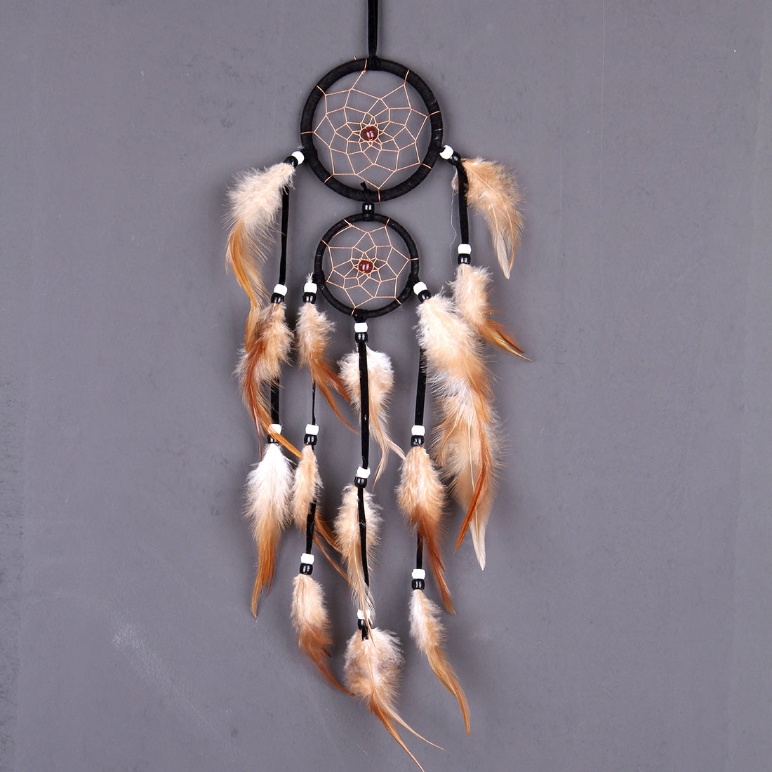 Fashion Dream Catcher with Fabric Wrapped Double Hoops - Natural Feathers - Synthetic Beads - Nylon Cord -BLACK - 10 x 59cm