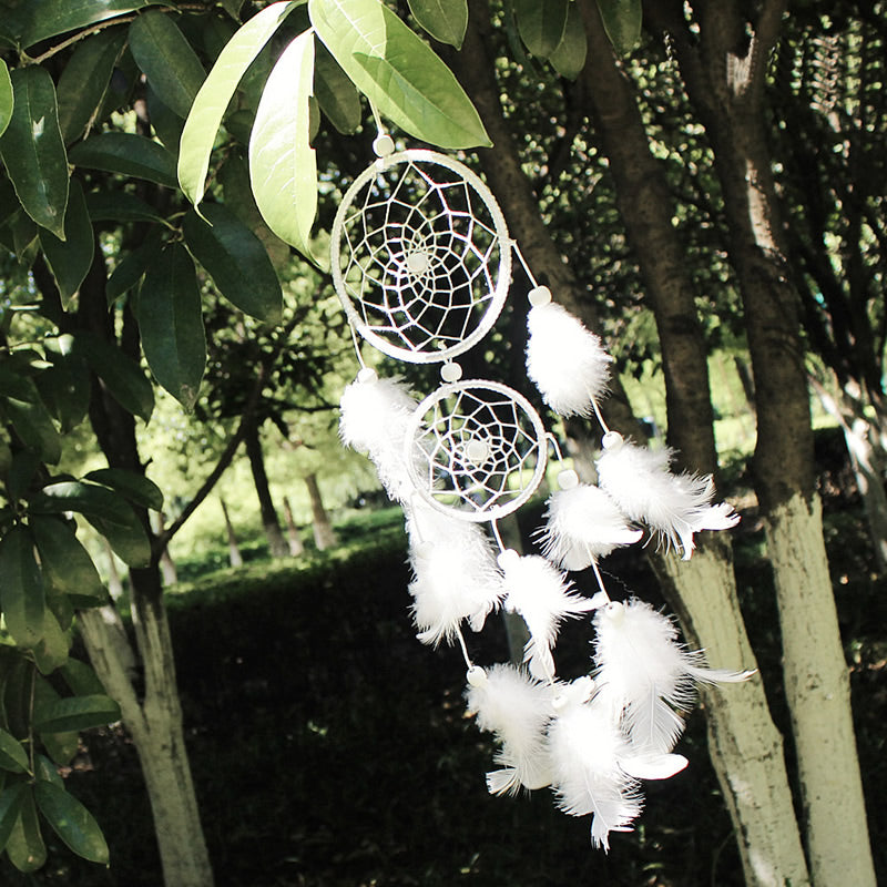Fashion Dream Catcher - Double Metal Hoops
- Satin and Cotton Thread - Natural Feathers - Wood Beads - WHITE - 46 x 12cm