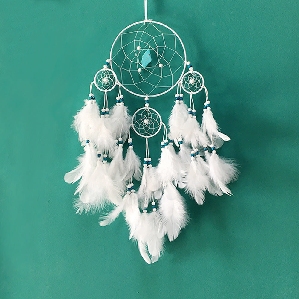 Fashion Dream Catcher with Fabric Wrapped Metal Hoops - Cotton Thread - Natural Feathers - Wood Beads - White - 15x40cm - NEW1220