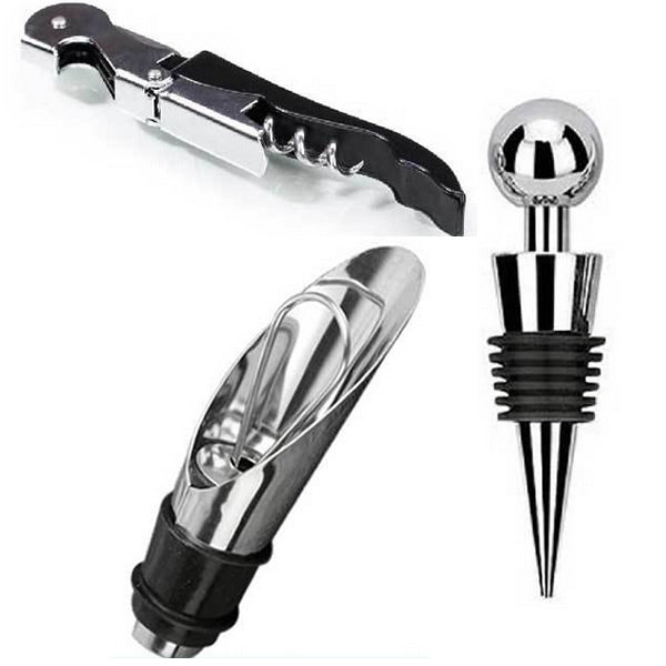 Wine Set Stainless Steel foil cutter & wine corkscrew & bottle stopper & pourer & wine collar 76mm,90mm - Loose in a clear box