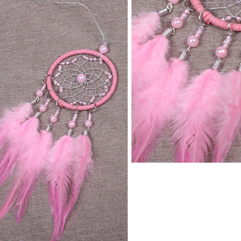 Fashion Dream Catcher with Fabric Wrapped Metal Hoop - Natural and Dyed Feathers, Synthetic Beads - PINK 8 x 36cm