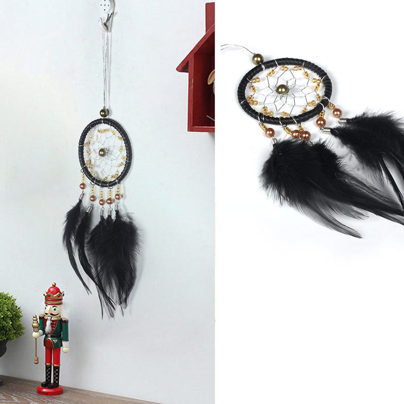 Fashion Dream Catcher with Fabric Wrapped Metal Hoop - Natural and Dyed Feathers, Synthetic Beads - BLACK - 8 x 36cm