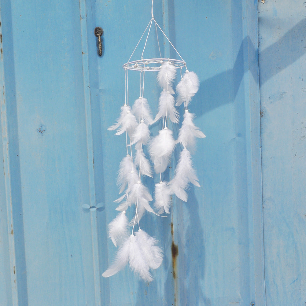 Fashion Dream Catcher - Horizontal Hoop - Natural Feathers - Wood Beads - Nylon Thread - White - 14 x 33cm - NEW1220