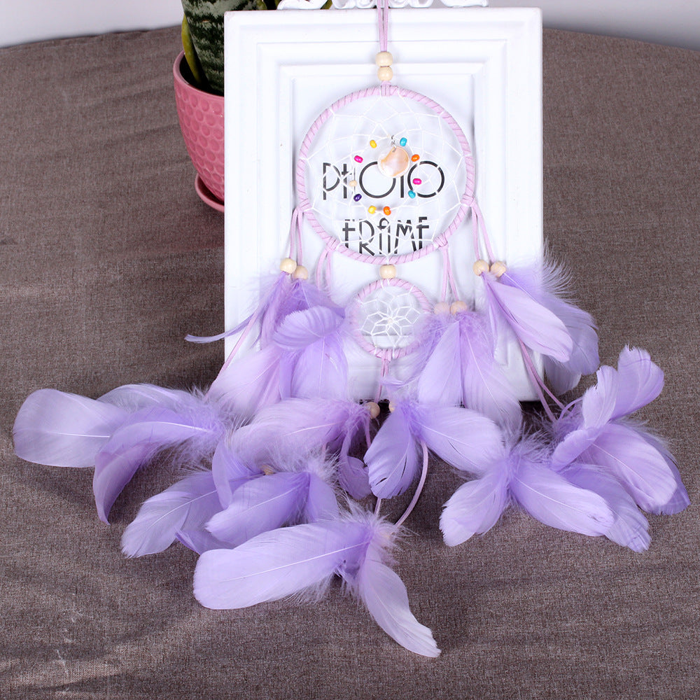 Fashion Dream Catcher with Shell Charm - Double Metal Hoops - Leather Cord - Cotton Thread - Multi-Colour Wood Seed Beads - Purple - 12 x 56cm