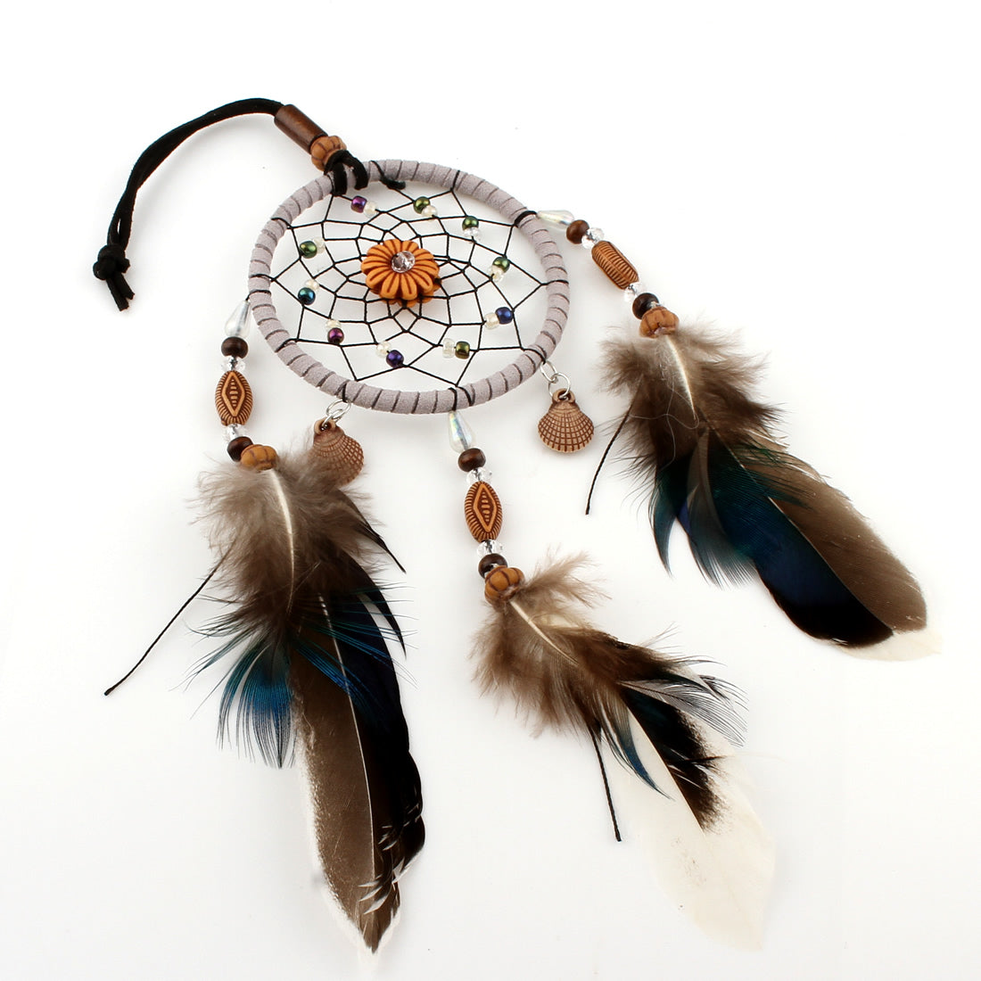 Fashion Dream Catcher with Glass Seed Beads, Wood and Polymer Beads - White Grey and Peacock Feathers - Grey & Tan - 14"L x 3"W