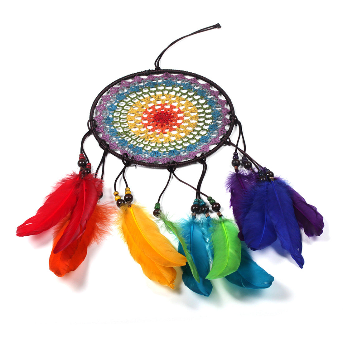 Fashion Dream Catcher Style Wall Hanging with Rainbow Feathers and Beads - 20cm - NEW222