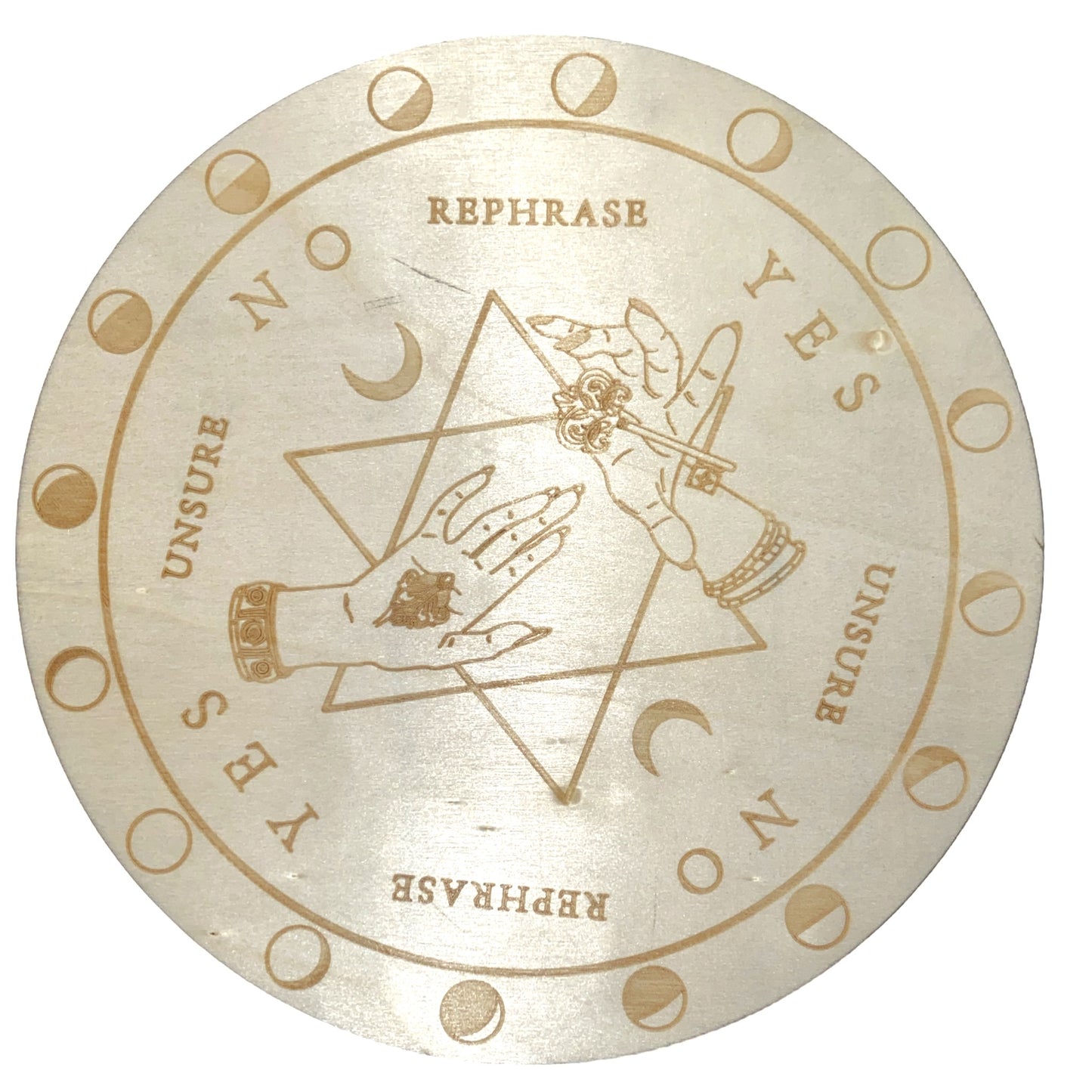 Yes No with Moon Phase - Pendulum Crystal Charging Plate Tray - Wood Hot Pad - Natural - 20cm 7.5 inch - Made in China - NEW423