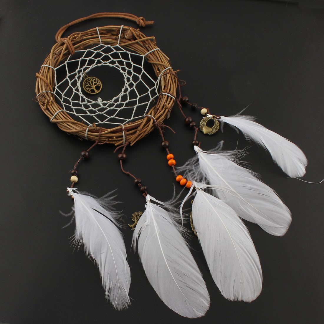 Fashion Dream Catcher - Twig Wreath Hoop - Metal Tree of Life, Leaf, Feather, Wing Charms - Natural Feathers- Wood Beads - 11 x 50cm