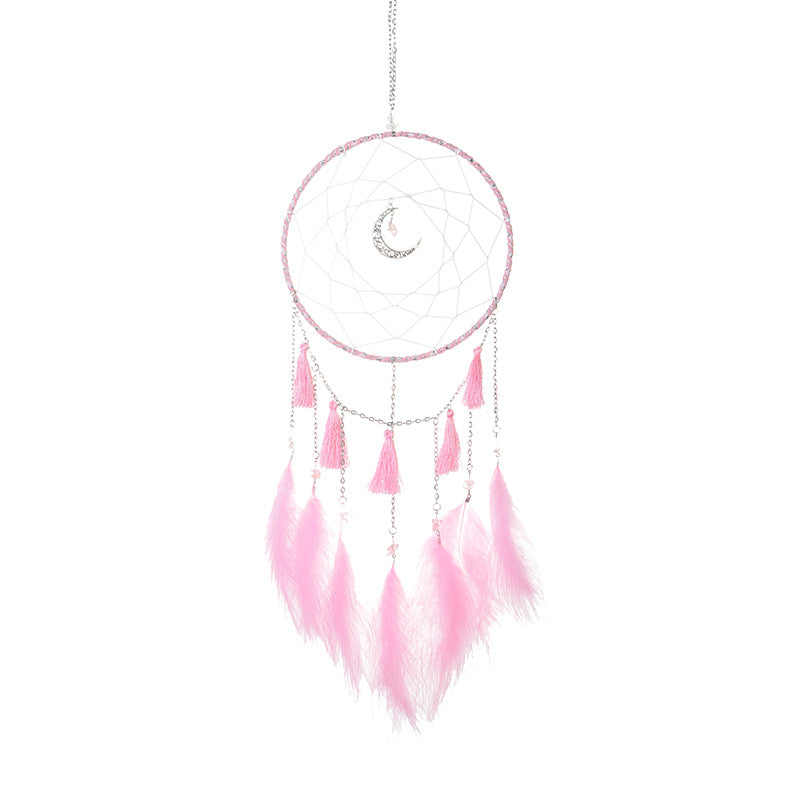 Fashion Dream Catcher with Crescent Moon and Tassels - Metal Chain - Glass Beads - Pink - 16 x 50cm - No Lights - NEW922