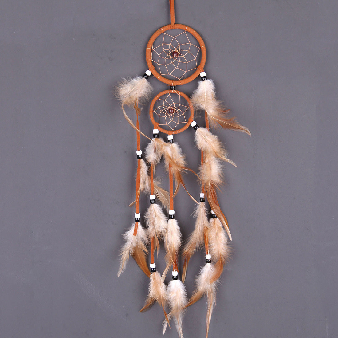 Fashion Dream Catcher with Fabric Wrapped Double Hoops - Natural Feathers - Synthetic Beads - Nylon Cord -BLACK - 10 x 59cm