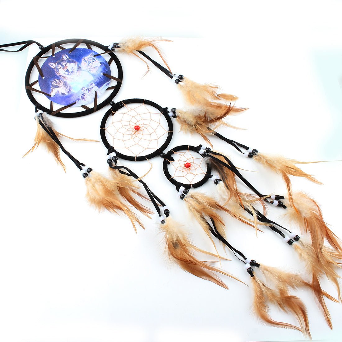 Fashion Dream Catcher with Wolves Image on Canvas - Feathers, Nylon Cord, Velveteen Metal Hoop - Wood and Plastic Beads