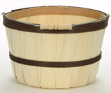 HALF PECK BASKET with Handle - Natural Wood with 2 Brown Bands 8.5 x 6.5 inch Deep
