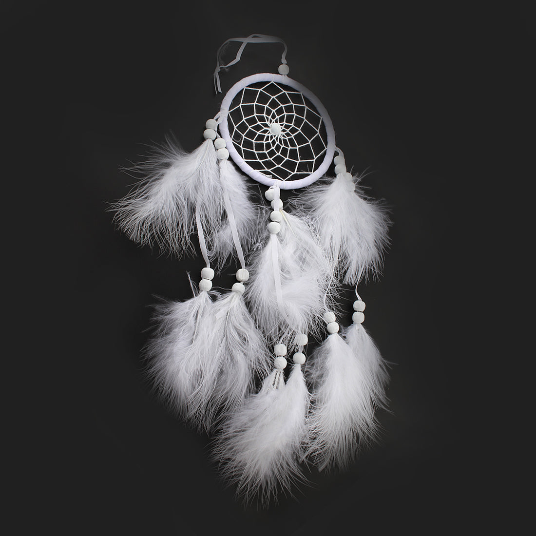 Fashion Dream Catcher with Nylon Wrapped Hoop - Natural Feathers - Wood Beads - WHITE - 12 x 55cm