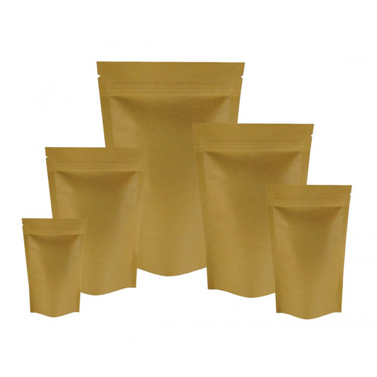 Pack of 100 6x9x3 inch 8 oz. Kraft Stand Up Gusseted Barrier Pouches - Ziploc & heat sealable