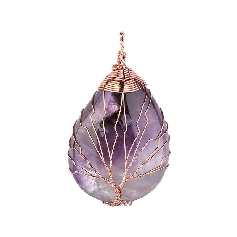 Amethyst Tree of Life  Pendant - Teardrop - Rose Gold Color Plated - 48 x 30 mm