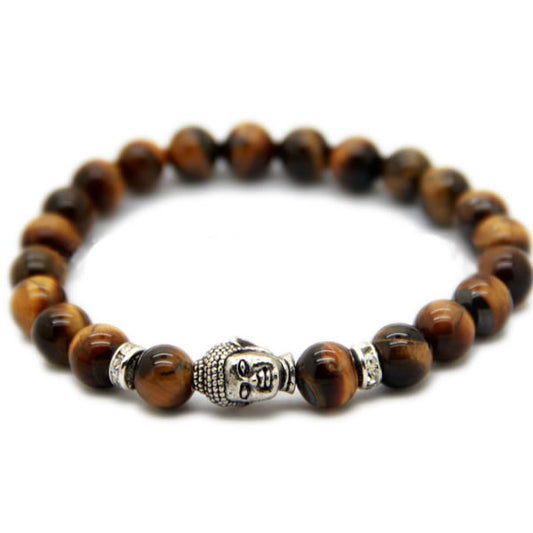Wrist Mala, Gemstone TIGER EYE with Buddha, silver color plated, natural & Buddhist jewelry, 8mm Approx. 7inch