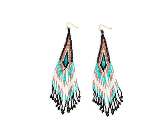 Spirit Feather Glass Bead Earrings - 5 inch Long - turquoise, sandstone, ivory and charcoal - NEW424