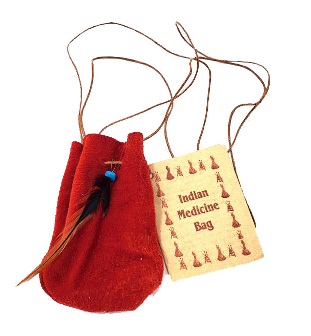 Medicine Dream Bag - Red - 10 Pack - 3x2 with a 18 inch cord - Soft leather Decorated  with a feather and stone -