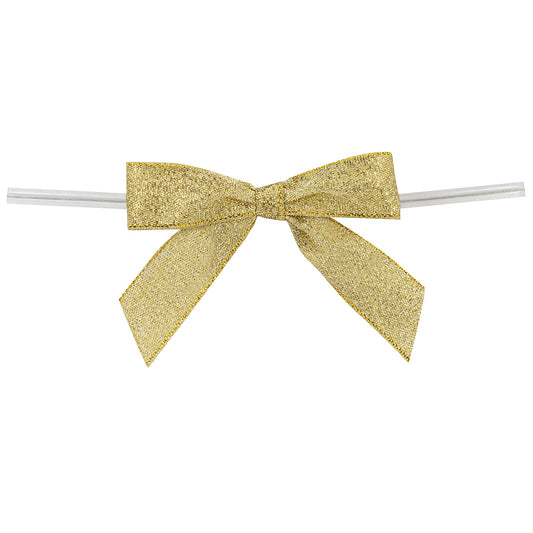 Pack of 100 Gold METALLIC SHIMMER TWIST TIE BOWS - SMALL - 2 LOOPS x 2-1/2in Span, 2 TAILS x 1-3/4in x 5/8in RIBBON WIDTH & 5in TWIST TIE